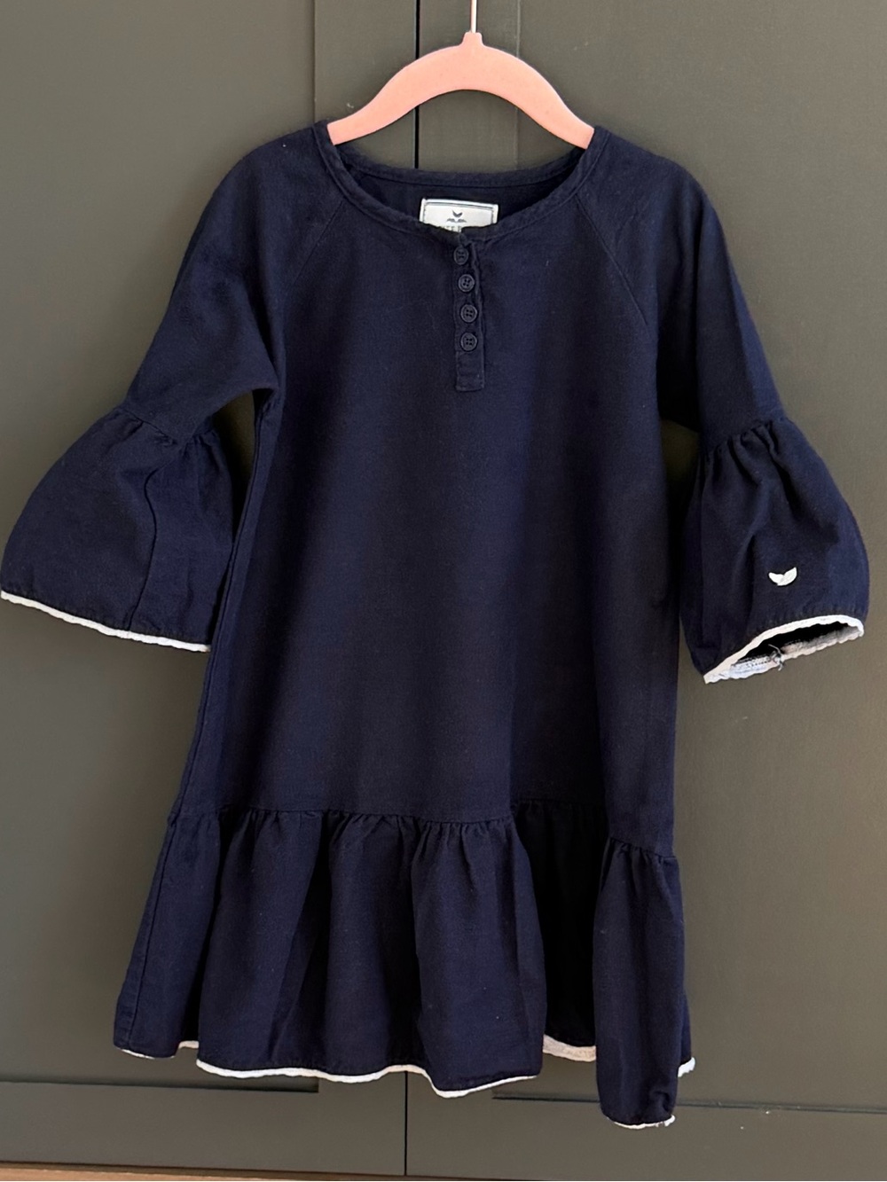 Petite Plume Flannel Arabella Navy Bell-Sleeve Ruffle nightgown dress | 3